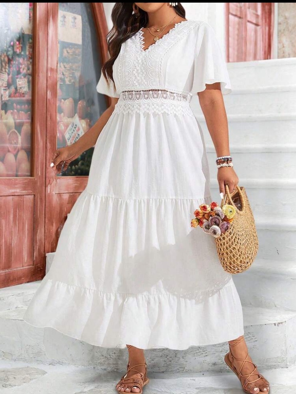 White Lace Cinching V-Neck Short Sleeve Maxi Dress Plus Size 2X